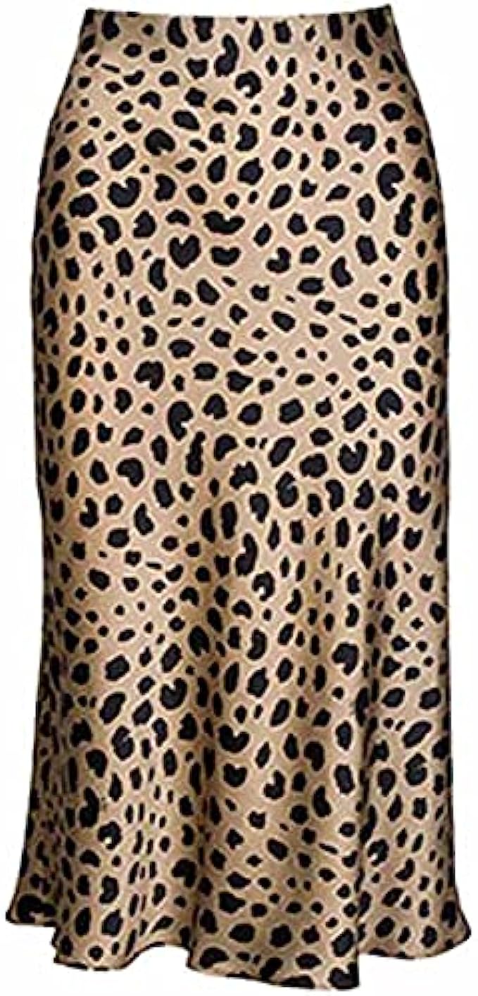 Leopard Skirt for Women Midi Length High Waist Silk Satin Elasticized Cheetah Skirts