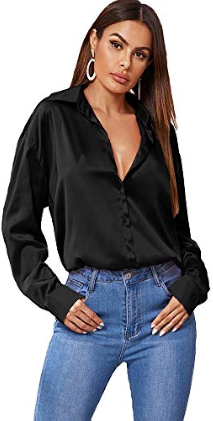SOLY HUX Women&#039;s Satin Silk Long Sleeve Button Down Shirt Formal Work Blouse Top