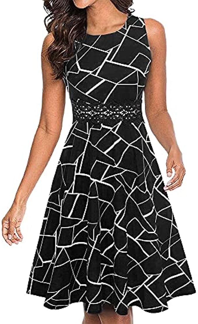 OWIN Women&#039;s Vintage Floral Lace Flared A-Line Swing Casual Party Cocktail Dresses Sleeveless