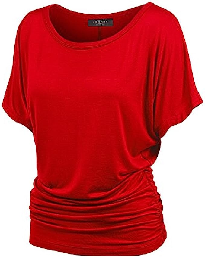 Made By Johnny Women&#039;s Solid Short Sleeve Boat Neck V Neck Dolman Top with Side Shirring