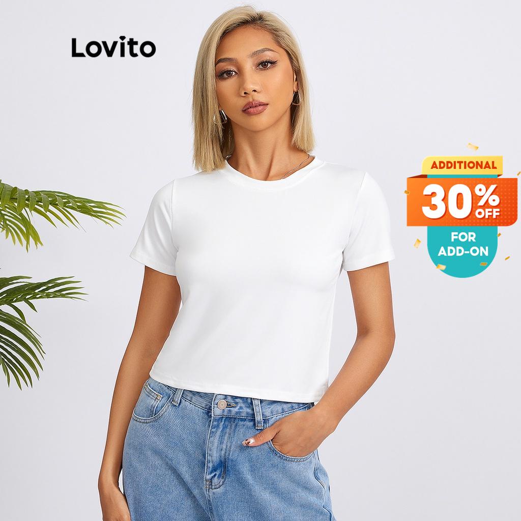 Lovito Casual Plain Crew Neck Basic Tshirt for Woman L18X101 (White/Pink/Blue/Black)