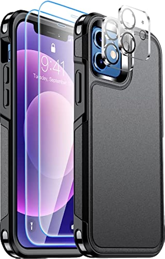 Temdan Heavy Shockproof for iPhone 12 Case &amp; iPhone 12 Pro Case, with [2 Pcs Tempered Glass Screen Protector+2 Pcs Camera Lens Protector][Drop proof][Tough Rugged Full-Body Protection]